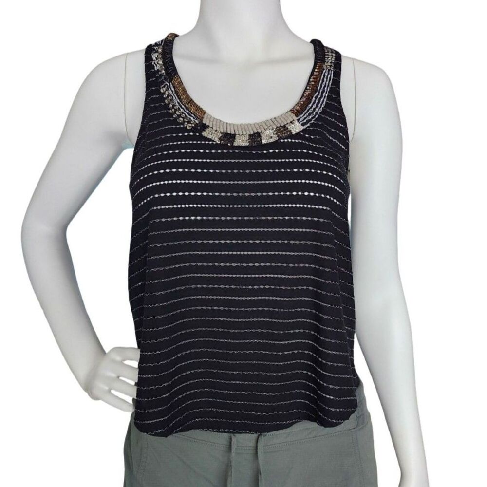 Free People Black Metallic Beaded Sequin Split Back Tank Top